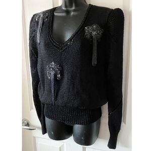 Vintage Black Knit Beaded Tassel Sweater M